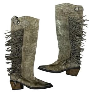 Carlos by Carlos Santana Fringe Western Tall Suede Boots Olive Green Boho Size 6